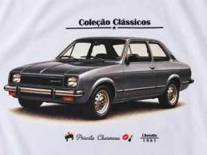 Camiseta branca Chevette azul metálico 1981